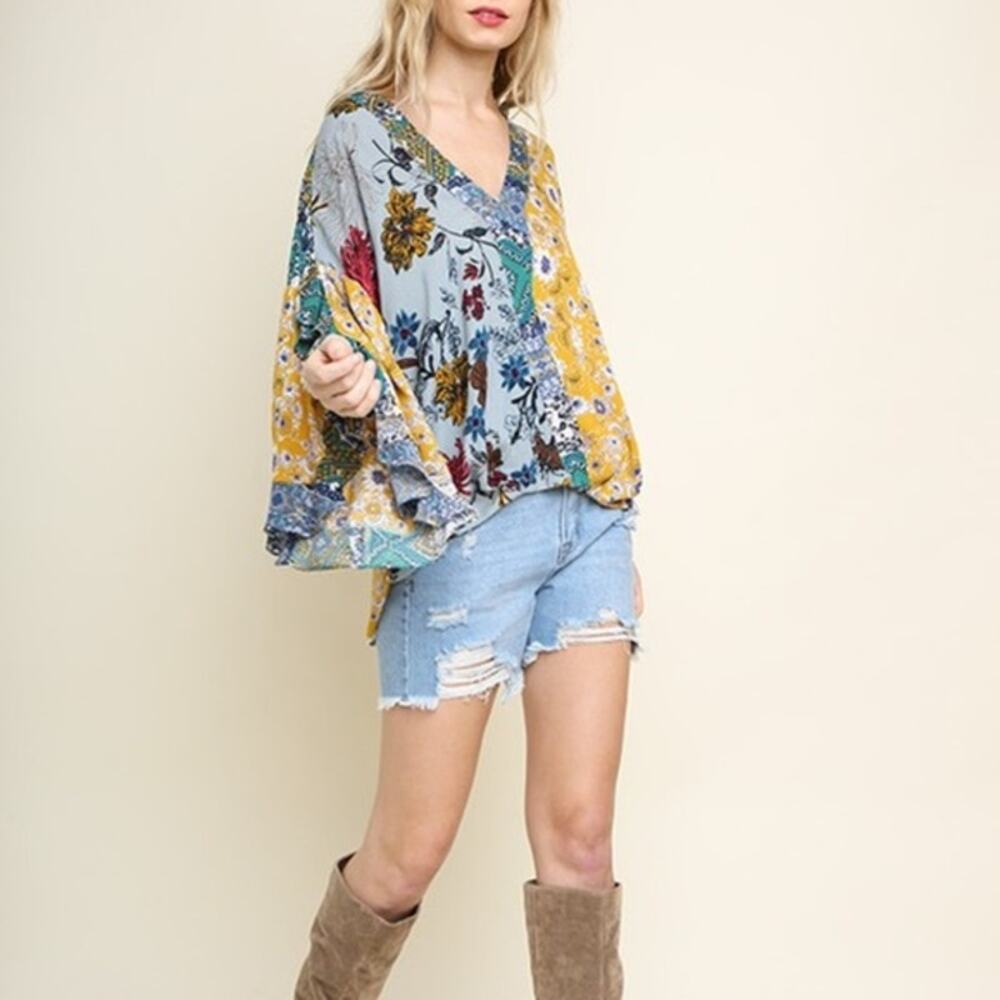 Umgee Patchwork Surplice Top Womens Small Mixed P… - image 5